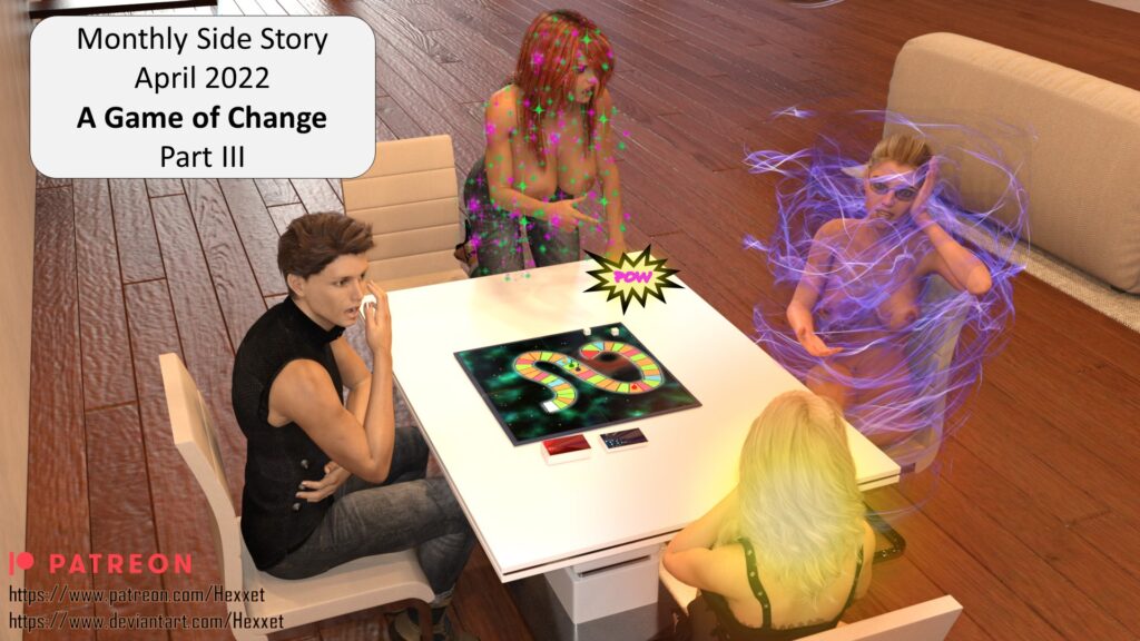 The players are arguing as the magical board game transforms them further in lewd ways.