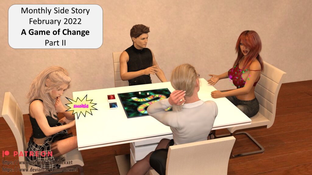 Four people play a magical boardgame that is transforming them in various ways.