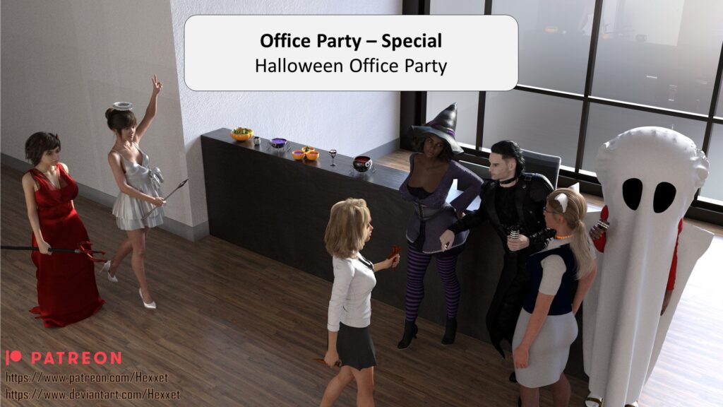 There is a halloween party at the office and everybody is dressed up in costumes.